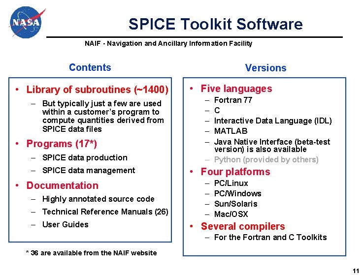 SPICE Toolkit Software NAIF - Navigation and Ancillary Information Facility Contents • Library of SPICE Toolkit Software NAIF - Navigation and Ancillary Information Facility Contents • Library of