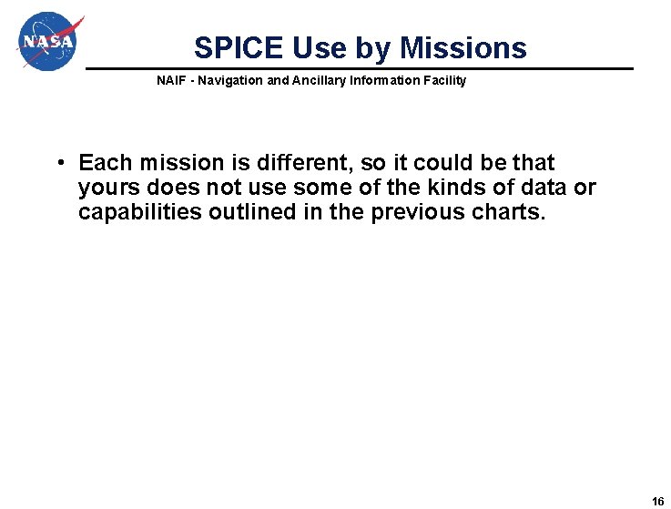 SPICE Use by Missions NAIF - Navigation and Ancillary Information Facility • Each mission SPICE Use by Missions NAIF - Navigation and Ancillary Information Facility • Each mission