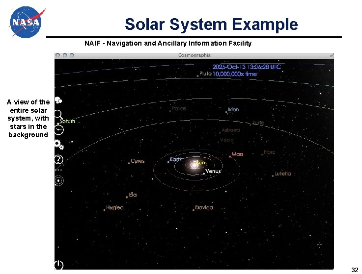 Solar System Example NAIF - Navigation and Ancillary Information Facility A view of the Solar System Example NAIF - Navigation and Ancillary Information Facility A view of the