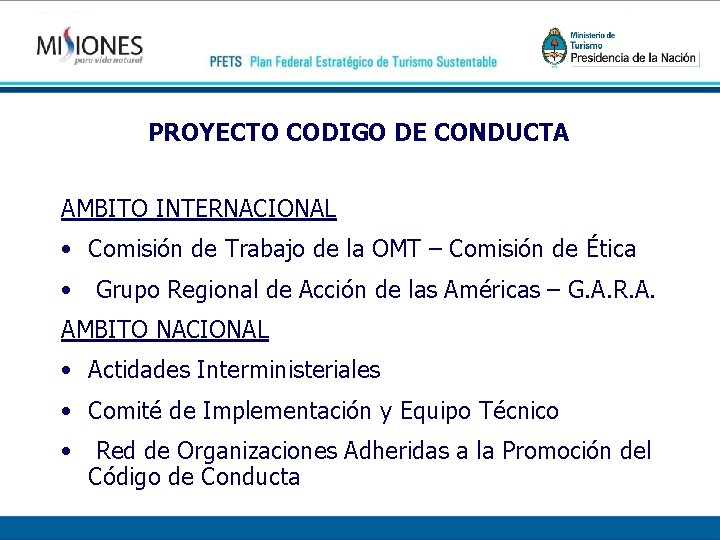 PROYECTO CODIGO DE CONDUCTA AMBITO INTERNACIONAL • Comisión de Trabajo de la OMT –