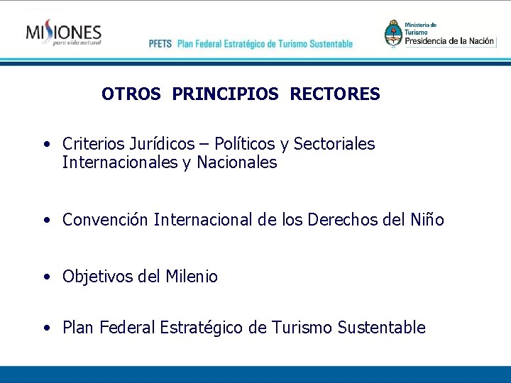 OTROS PRINCIPIOS RECTORES • Criterios Jurídicos – Políticos y Sectoriales Internacionales y Nacionales •