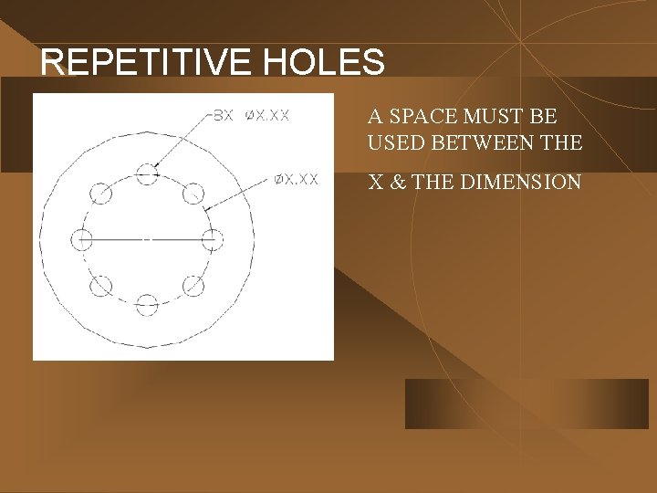 REPETITIVE HOLES A SPACE MUST BE USED BETWEEN THE X & THE DIMENSION 