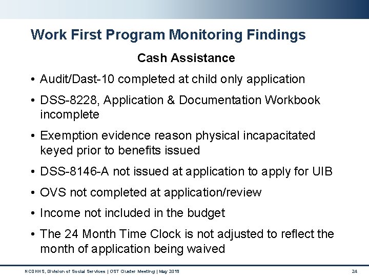 Work First Program Monitoring Findings Cash Assistance • Audit/Dast-10 completed at child only application Work First Program Monitoring Findings Cash Assistance • Audit/Dast-10 completed at child only application