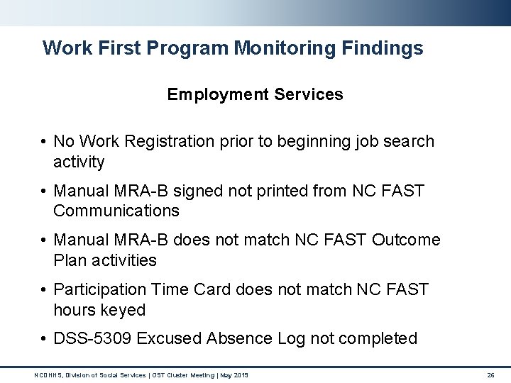 Work First Program Monitoring Findings Employment Services • No Work Registration prior to beginning Work First Program Monitoring Findings Employment Services • No Work Registration prior to beginning