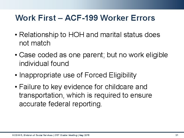 Work First – ACF-199 Worker Errors • Relationship to HOH and marital status does Work First – ACF-199 Worker Errors • Relationship to HOH and marital status does
