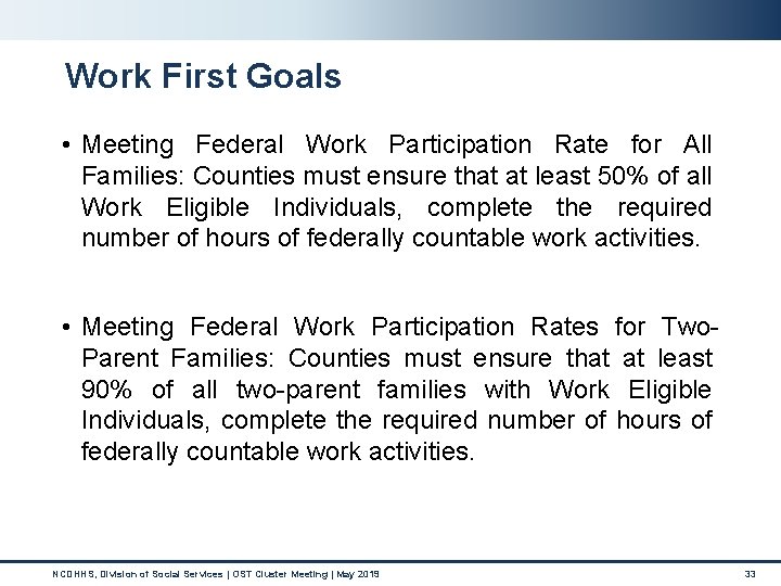Work First Goals • Meeting Federal Work Participation Rate for All Families: Counties must Work First Goals • Meeting Federal Work Participation Rate for All Families: Counties must