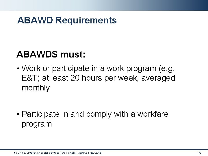 ABAWD Requirements ABAWDS must: • Work or participate in a work program (e. g. ABAWD Requirements ABAWDS must: • Work or participate in a work program (e. g.
