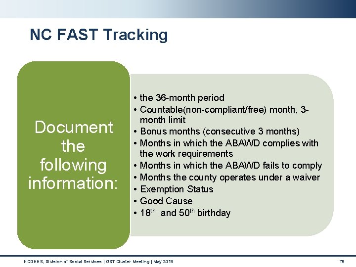 NC FAST Tracking Document the following information: • the 36 -month period • Countable(non-compliant/free) NC FAST Tracking Document the following information: • the 36 -month period • Countable(non-compliant/free)