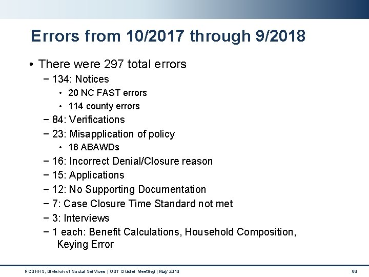 Errors from 10/2017 through 9/2018 • There were 297 total errors − 134: Notices Errors from 10/2017 through 9/2018 • There were 297 total errors − 134: Notices