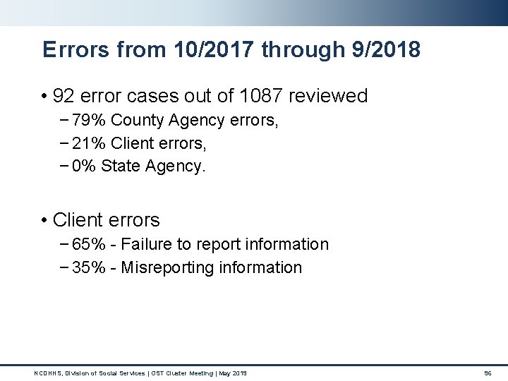 Errors from 10/2017 through 9/2018 • 92 error cases out of 1087 reviewed − Errors from 10/2017 through 9/2018 • 92 error cases out of 1087 reviewed −