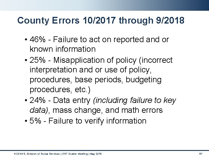 County Errors 10/2017 through 9/2018 • 46% - Failure to act on reported and County Errors 10/2017 through 9/2018 • 46% - Failure to act on reported and