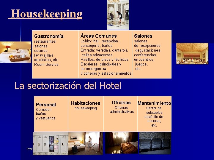 Housekeeping Gastronomía restaurantes salones cocinas lavavajillas depósitos, etc. Room Service Áreas Comunes Salones Lobby: