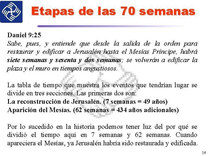 Etapas de las 70 semanas Daniel 9: 25 Sabe, pues, y entiende que desde