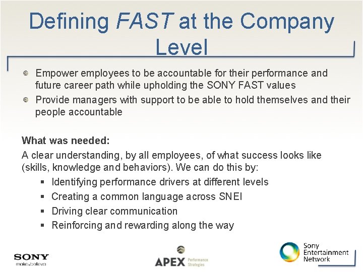 Defining FAST at the Company Level Empower employees to be accountable for their performance