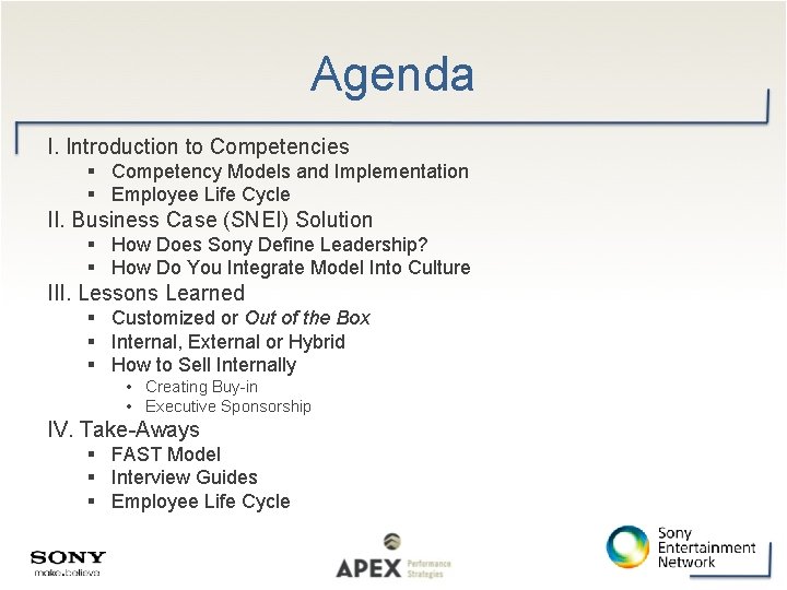 Agenda I. Introduction to Competencies Competency Models and Implementation Employee Life Cycle II. Business