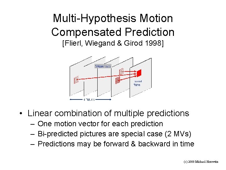 Multi-Hypothesis Motion Compensated Prediction [Flierl, Wiegand & Girod 1998] • Linear combination of multiple