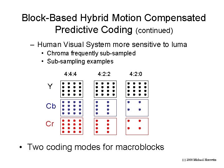 Block-Based Hybrid Motion Compensated Predictive Coding (continued) – Human Visual System more sensitive to