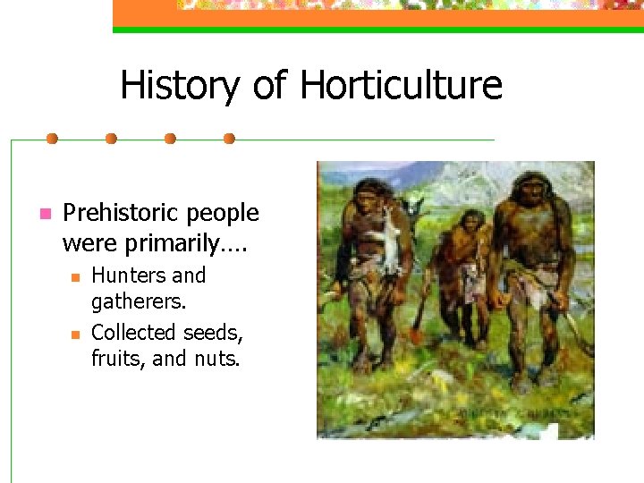 History of Horticulture n Prehistoric people were primarily…. n n Hunters and gatherers. Collected