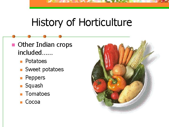 History of Horticulture n Other Indian crops included…… n n n Potatoes Sweet potatoes