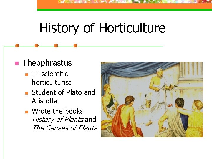 History of Horticulture n Theophrastus n n n 1 st scientific horticulturist Student of