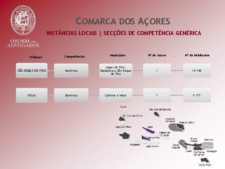 COMARCA DOS AÇORES INST NCIAS LOCAIS | SECÇÕES DE COMPETÊNCIA GENÉRICA Tribunal Competências Municípios