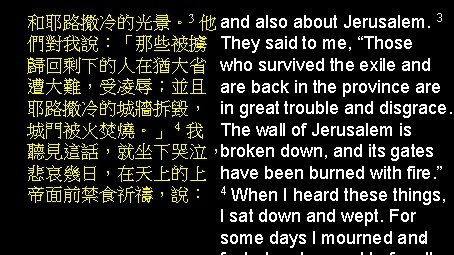 和耶路撒冷的光景。3 他 and also about Jerusalem. 3 們對我說：「那些被擄 They said to me, “Those 歸回剩下的人在猶大省