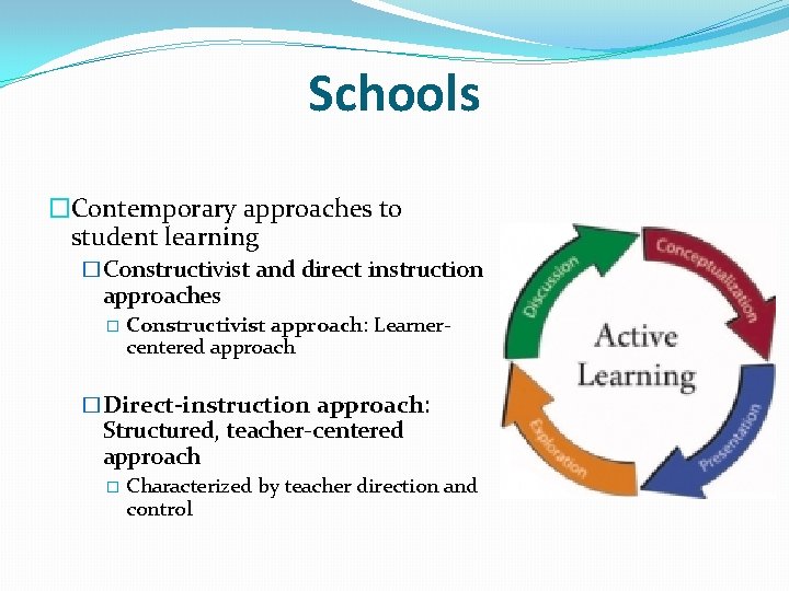 Schools �Contemporary approaches to student learning �Constructivist and direct instruction approaches � Constructivist approach: