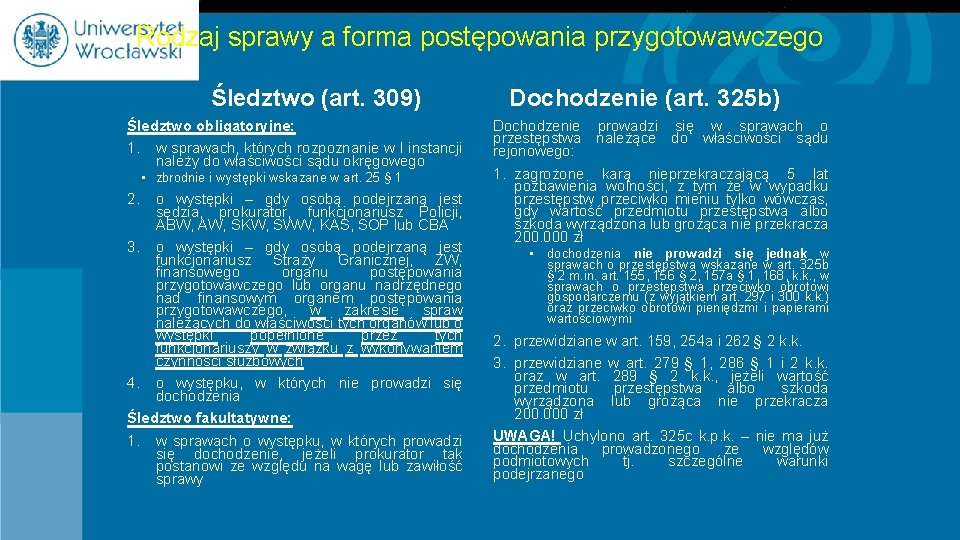 Rodzaj sprawy a forma postępowania przygotowawczego Śledztwo (art. 309) Śledztwo obligatoryjne: 1. w sprawach,