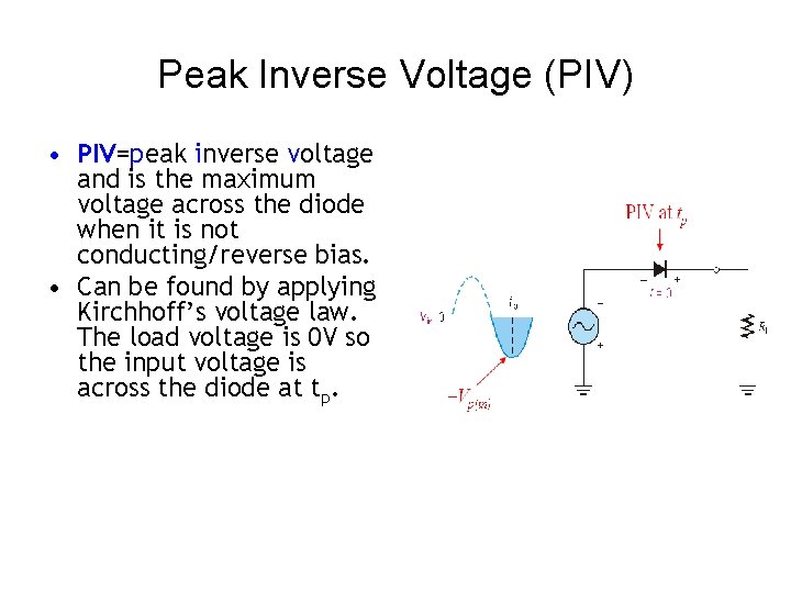 Peak Inverse Voltage (PIV) • PIV=peak inverse voltage and is the maximum voltage across