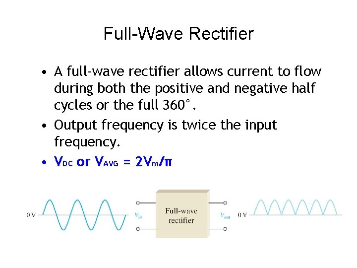 Full-Wave Rectifier • A full-wave rectifier allows current to flow during both the positive