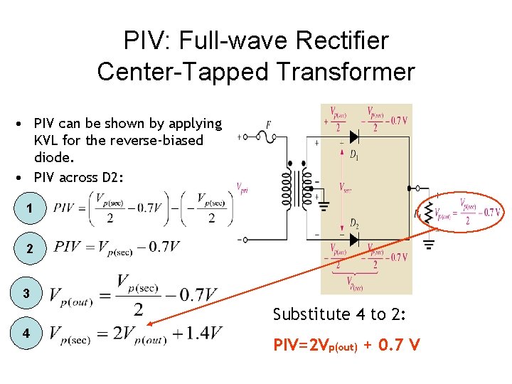 PIV: Full-wave Rectifier Center-Tapped Transformer • PIV can be shown by applying KVL for
