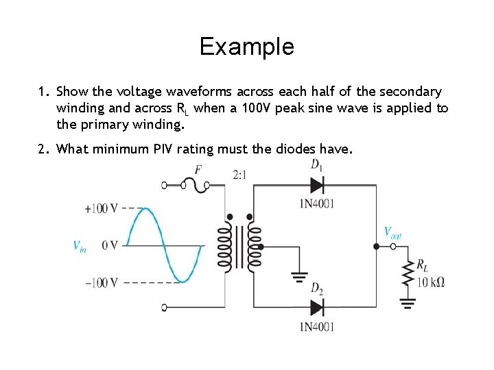 Example 1. Show the voltage waveforms across each half of the secondary winding and