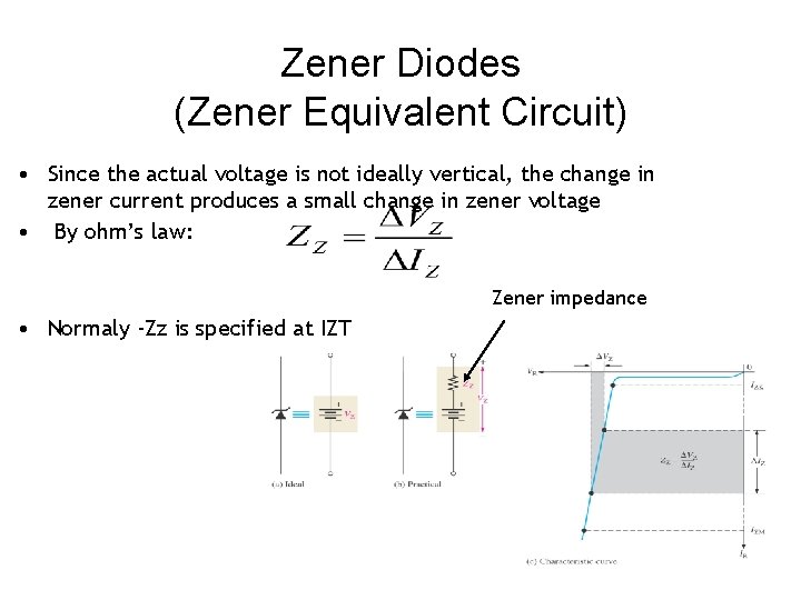 Zener Diodes (Zener Equivalent Circuit) • Since the actual voltage is not ideally vertical,