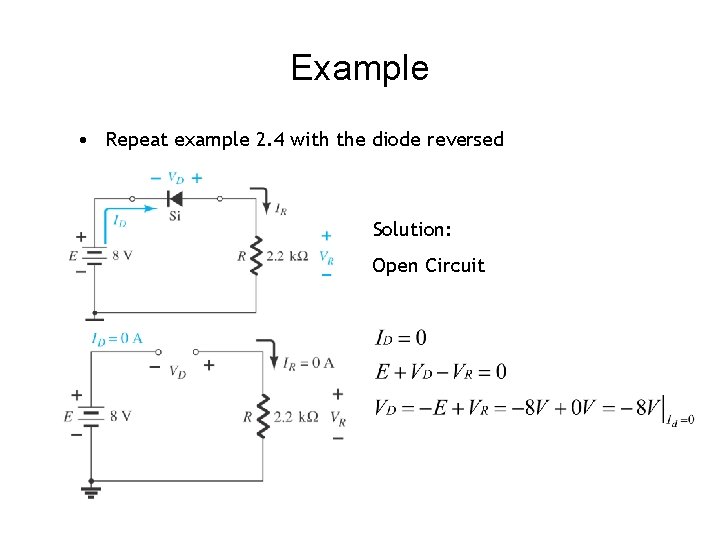 Example • Repeat example 2. 4 with the diode reversed Solution: Open Circuit 