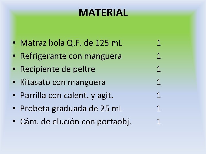 MATERIAL • • Matraz bola Q. F. de 125 m. L Refrigerante con manguera MATERIAL • • Matraz bola Q. F. de 125 m. L Refrigerante con manguera