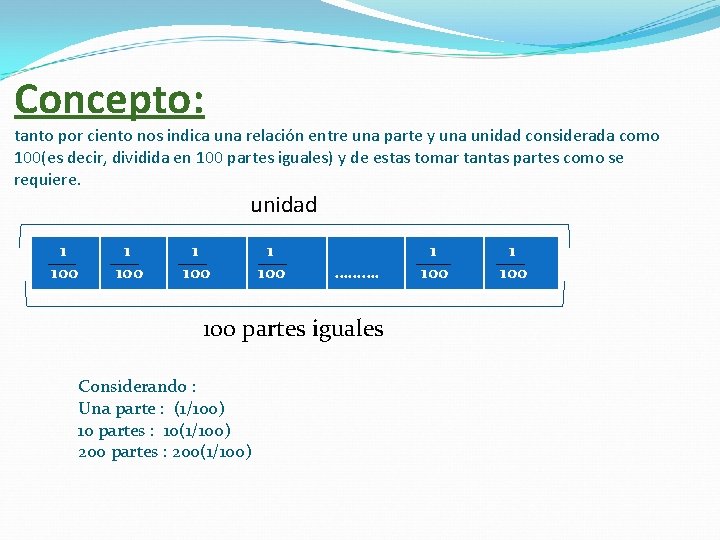 Concepto: tanto por ciento nos indica una relación entre una parte y una unidad