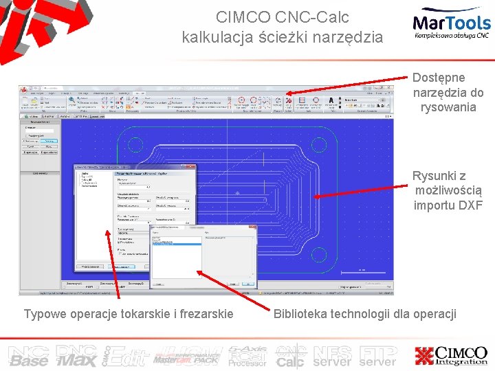 CIMCO CNC-Calc kalkulacja ścieżki narzędzia Dostępne narzędzia do rysowania Rysunki z możliwością importu DXF