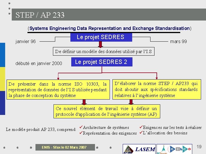 STEP / AP 233 (Systems Engineering Data Representation and Exchange Standardisation) Le projet SEDRES