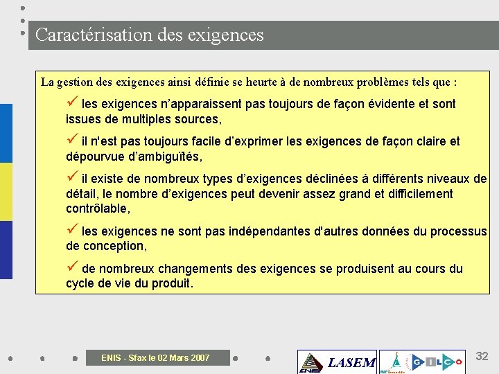 Caractérisation des exigences La gestion des exigences ainsi définie se heurte à de nombreux