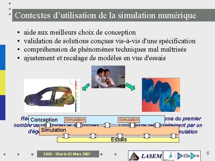 Contextes d’utilisation de la simulation numérique • • aide aux meilleurs choix de conception