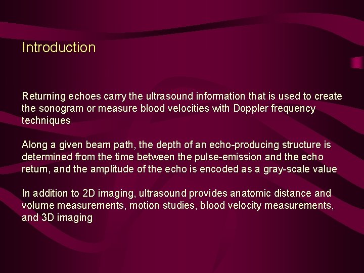 Introduction Returning echoes carry the ultrasound information that is used to create the sonogram