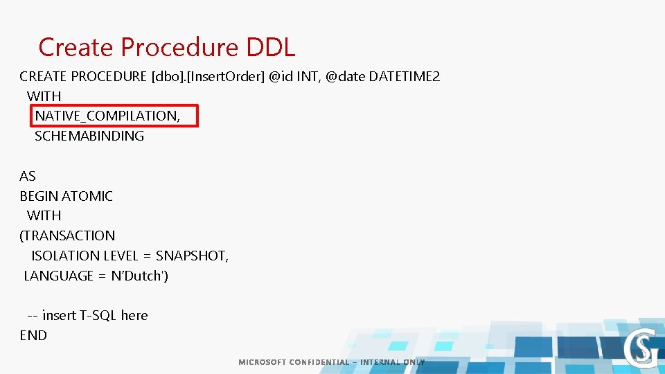 Create Procedure DDL CREATE PROCEDURE [dbo]. [Insert. Order] @id INT, @date DATETIME 2 WITH