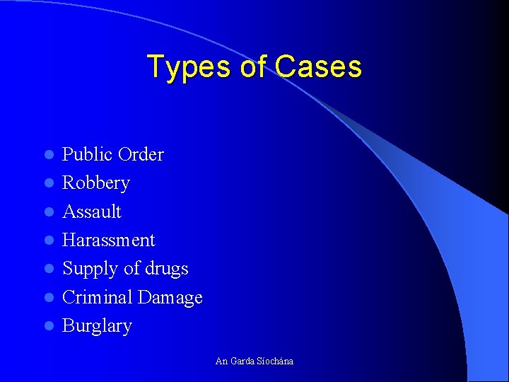 Types of Cases l l l l Public Order Robbery Assault Harassment Supply of