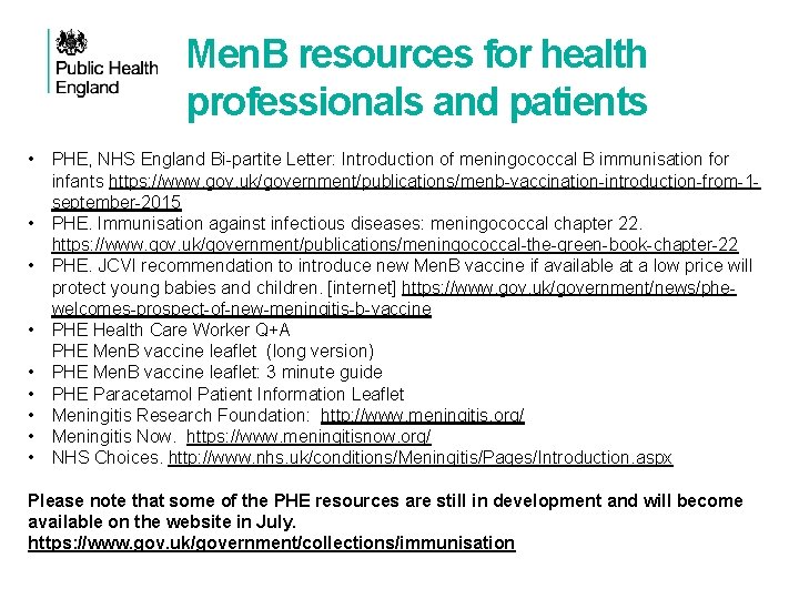 Men. B resources for health professionals and patients • PHE, NHS England Bi-partite Letter: