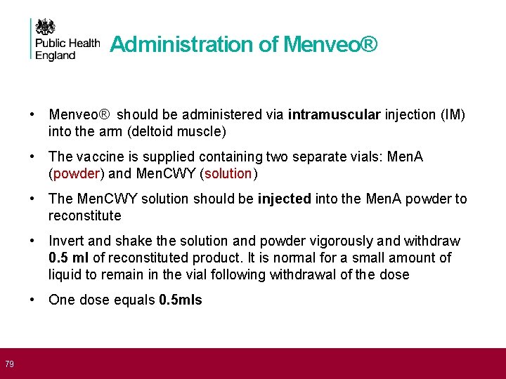  79 Administration of Menveo® • Menveo® should be administered via intramuscular injection (IM)
