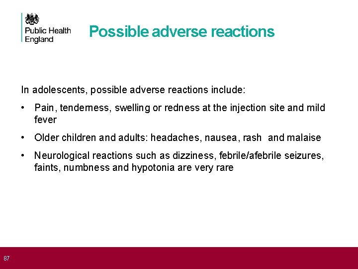  87 Possible adverse reactions In adolescents, possible adverse reactions include: • Pain, tenderness,