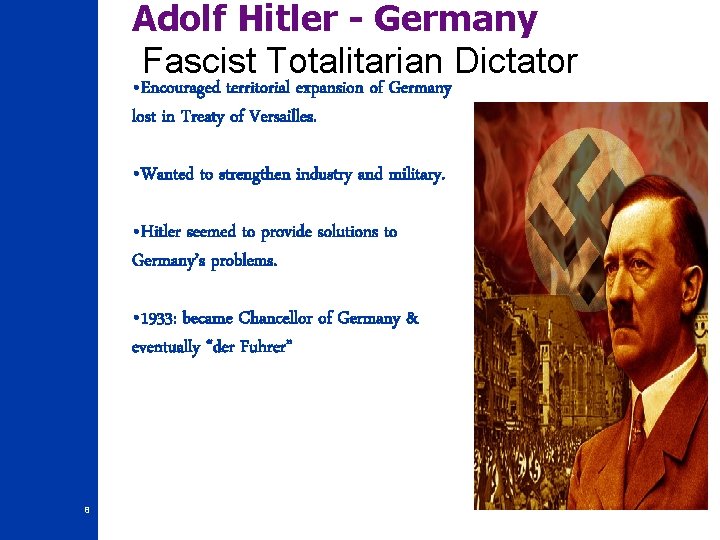 Adolf Hitler - Germany Fascist Totalitarian Dictator • Encouraged territorial expansion of Germany lost