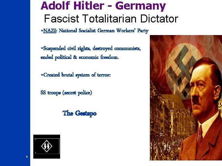 Adolf Hitler - Germany Fascist Totalitarian Dictator • NAZI: National Socialist German Workers’ Party