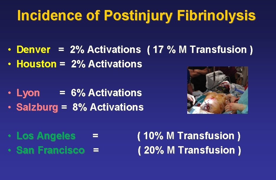 Incidence of Postinjury Fibrinolysis • Denver = 2% Activations ( 17 % M Transfusion