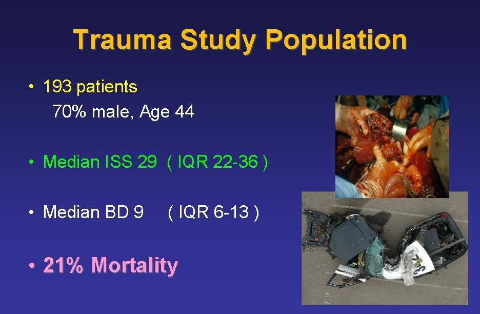 Trauma Study Population • 193 patients 70% male, Age 44 • Median ISS 29